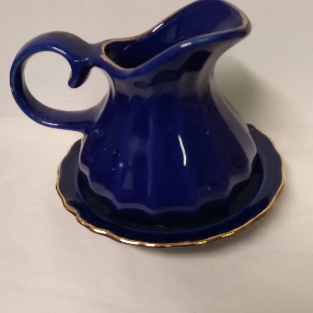 Cobalt Blue Rib Pitcher, Peacock Bird, Floral Pattern & Saucer 4.5